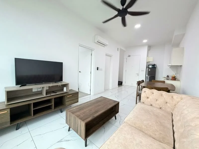 Living features: cream upholstered sofa, wooden coffee table, TV console with storage, wall-mounted TV, ceiling fan, white painted walls, marble tile flooring, refrigerator, dining table with chairs, door to hallway, door to kitchen; style: modern.