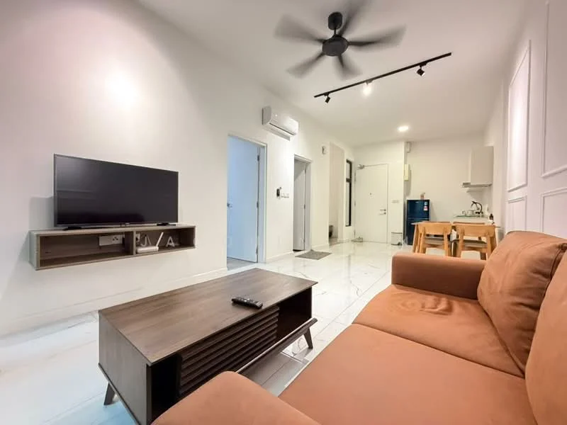Living features: brown fabric sofa, wooden coffee table with storage, wall-mounted TV, TV console, ceiling fan with light, white painted walls, marble tile flooring, recessed LED downlights, dining table with chairs, open kitchen area, doorway to other rooms; style: modern.
