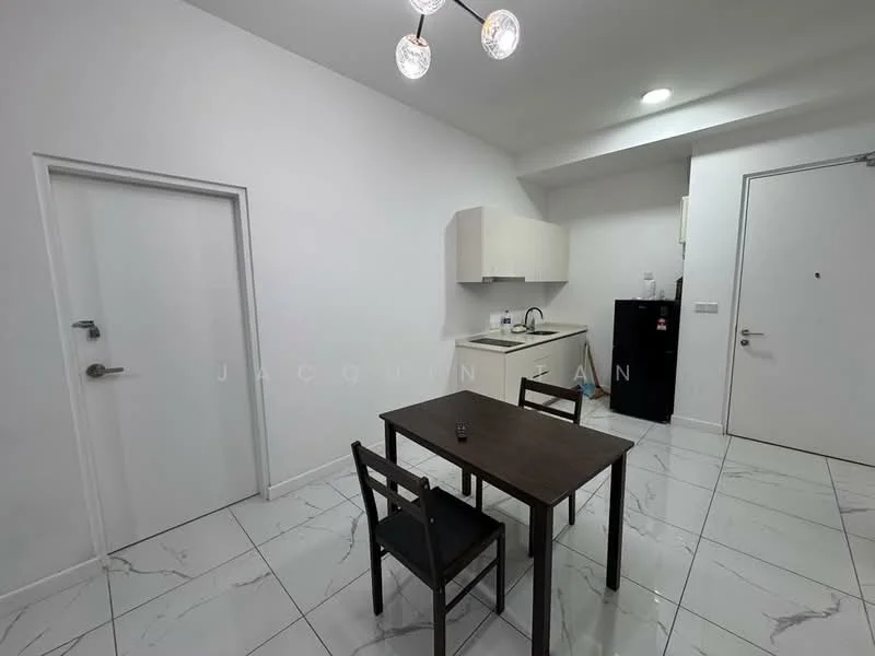 Dining features: white painted walls, marble tile flooring, dining table with 4 chairs, kitchenette with upper cabinets, black refrigerator, sink, countertop, door to hallway, door to bathroom, ceiling light fixture; style: modern.