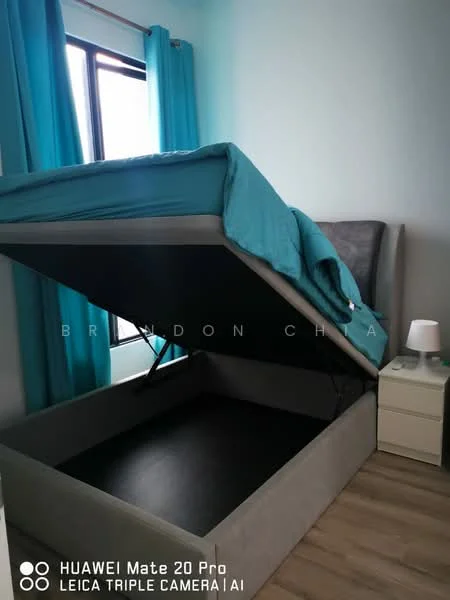 Bedroom features: queen-size bed with storage, upholstered headboard, light blue bedding, wooden flooring, floor-to-ceiling window, curtains in light blue, nightstand with lamp, decorative wall color; style: modern.