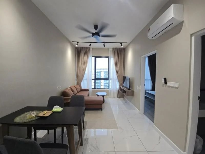 Living features: 3-seater fabric sofa in beige, coffee table, wall-mounted TV, TV console, area rug, floor-to-ceiling windows, sheer curtains, 5-blade ceiling fan with light, 1 wall-mounted split AC, light-colored painted walls, marble tile flooring; style: modern; view: city. Dining features: 4-seater dining table, grey upholstered dining chairs; style: modern.