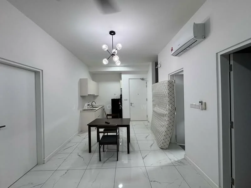 Room features: white painted walls, marble tile flooring, 5-blade ceiling fan, recessed LED downlights, kitchen cabinetry, stainless-steel sink, built-in oven, freestanding range oven, dining table, black dining chairs, wall-mounted split AC, mattress leaning against the wall; style: modern.