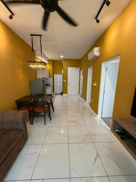 Living features: golden yellow painted walls, marble tile flooring, 5-blade ceiling fan with light, chandelier, sofa in brown fabric, 6-seater dining table, stainless-steel fridge, built-in cabinets, wall-mounted TV, recessed lighting, air conditioning unit; style: modern.