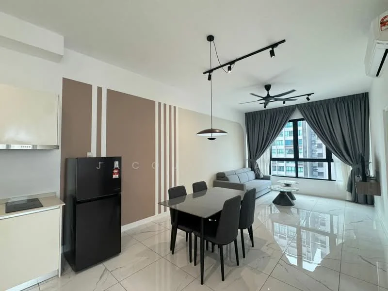 Living features: grey fabric sofa, dining table for 6, black dining chairs, black refrigerator, white cabinetry, marble tile flooring, recessed LED downlights, 5-blade ceiling fan with light, floor-to-ceiling windows, curtains, accent wall with brown and white stripes; style: modern; view: city.