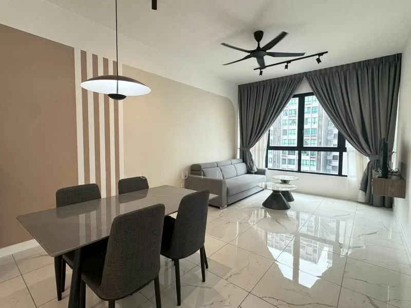 Living features: grey fabric sofa, round coffee table, 6-seater dining table, upholstered dining chairs, white walls, accent wall with beige stripes, floor-to-ceiling windows, curtains, marble tile flooring, ceiling fan with light, wall-mounted TV, decorative wall panel; style: modern; view: city.