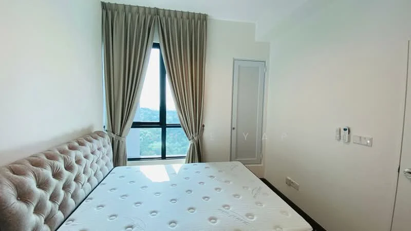 Bedroom features: queen-size bed, upholstered headboard, floor-to-ceiling window, curtains, light-colored painted walls, carpet flooring, built-in wardrobe, decorative wall paneling; style: modern; view: mountain.