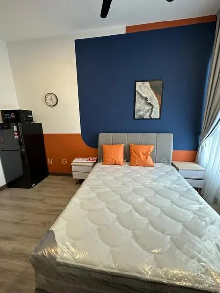 Bedroom features: queen-size bed, upholstered headboard, orange accent pillows, nightstands, framed artwork on wall, grey painted walls, blue accent wall, wooden flooring, wall clock, refrigerator; style: modern.