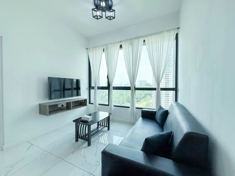 Living features: black leather sofa, wood coffee table, wall-mounted TV, white walls, marble tile flooring, floor-to-ceiling windows, sheer curtains, city view, ceiling light fixture; style: modern; view: city.