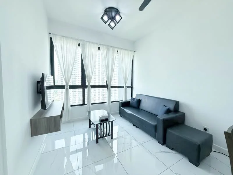 Living features: grey fabric sofa, black ottoman, wooden coffee table, wall-mounted TV, white painted walls, white ceiling, recessed downlights, 5-blade ceiling fan, floor-to-ceiling windows, sheer curtains, marble tile flooring; style: modern; view: city.