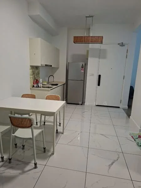 Kitchen features: white cabinetry, black countertop, single-bowl stainless-steel sink, chrome pull-down faucet, built-in oven, stainless-steel fridge, 4-burner gas hob, white tiled backsplash, marble tile flooring, dining table with 4 chairs, pendant light fixture, floor-to-ceiling door, open layout; style: modern.