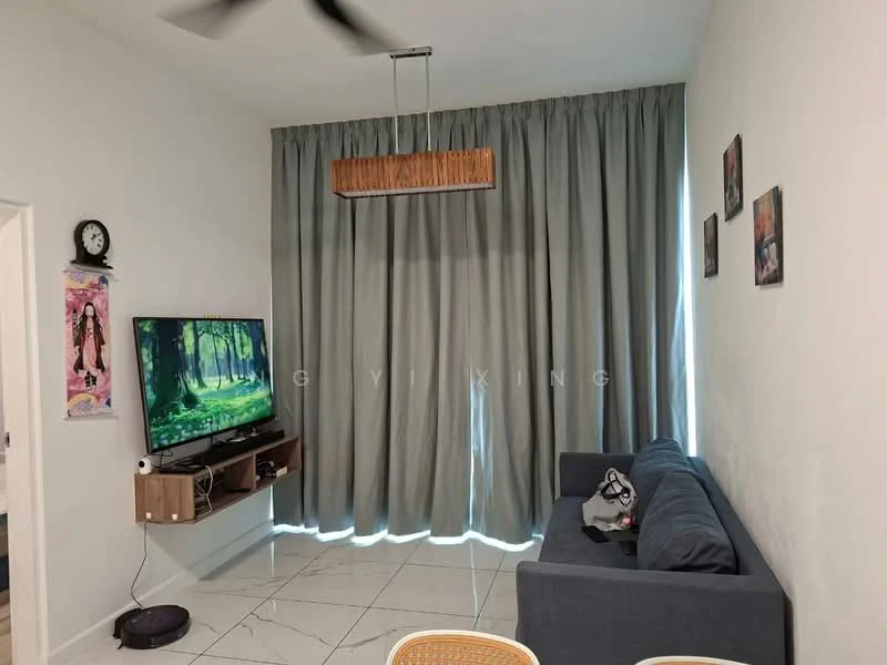 Living features: 3-seater fabric sofa in navy blue, wall-mounted TV, wooden TV console, grey curtains, white painted walls, marble tile flooring, ceiling fan, hanging light fixture, decorative wall art, clock on wall; style: modern.