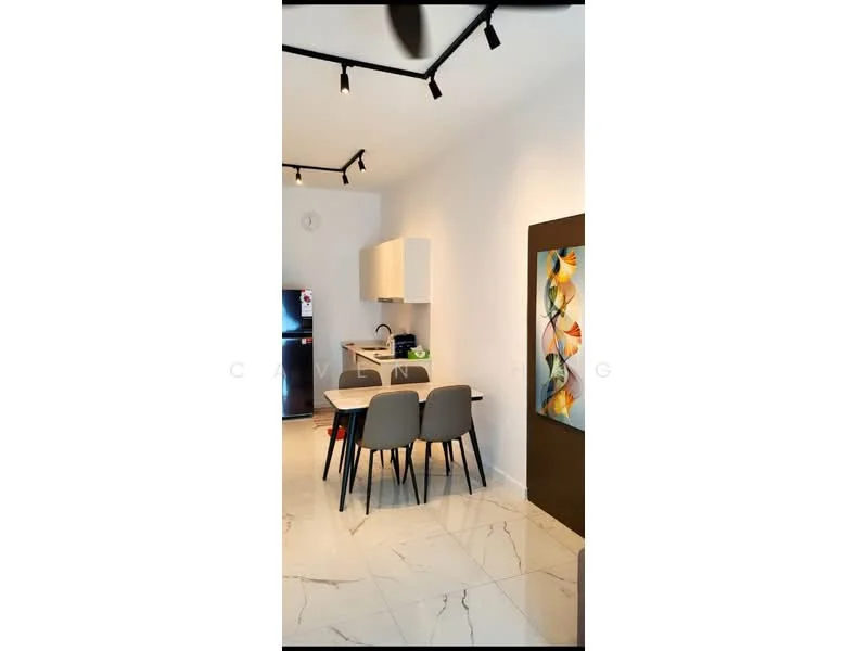 Dining features: 4-seater dining table, grey upholstered dining chairs, white cabinetry, black refrigerator, marble tile flooring, recessed downlights, decorative wall art, open shelving; style: modern.