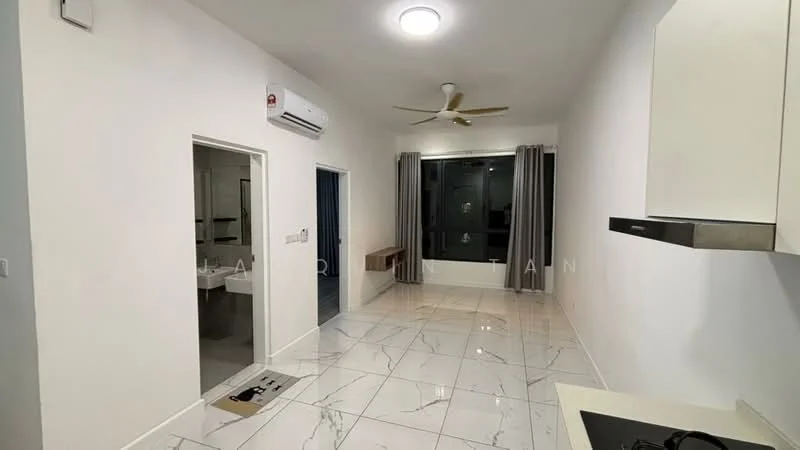 Living features: white painted walls, marble tile flooring, 5-blade ceiling fan with light, floor-to-ceiling windows, curtains, air conditioning unit, recessed downlights; style: modern. Room features: white painted walls, marble tile flooring, doorway leading to bathroom, doorway leading to bedroom.