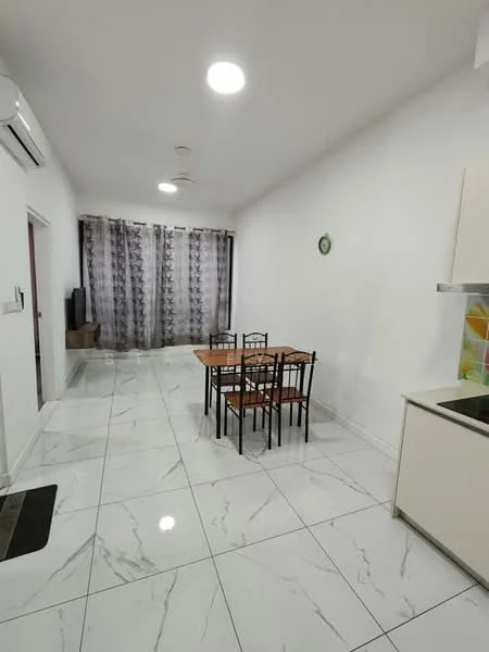 Dining features: white painted walls, marble tile flooring, dining table with 6 black chairs, ceiling lights, air conditioning unit, large windows with sheer curtains, TV console visible in background; style: modern. Room features: white painted walls, marble tile flooring, ceiling lights, large windows with sheer curtains.