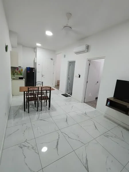 Living features: white painted walls, marble tile flooring, 5-blade ceiling fan with light, recessed downlights, dining table with four chairs, black TV console, wall-mounted TV, air conditioning unit, sliding door, open layout, kitchen area visible, doorway leading to hallway; style: modern.