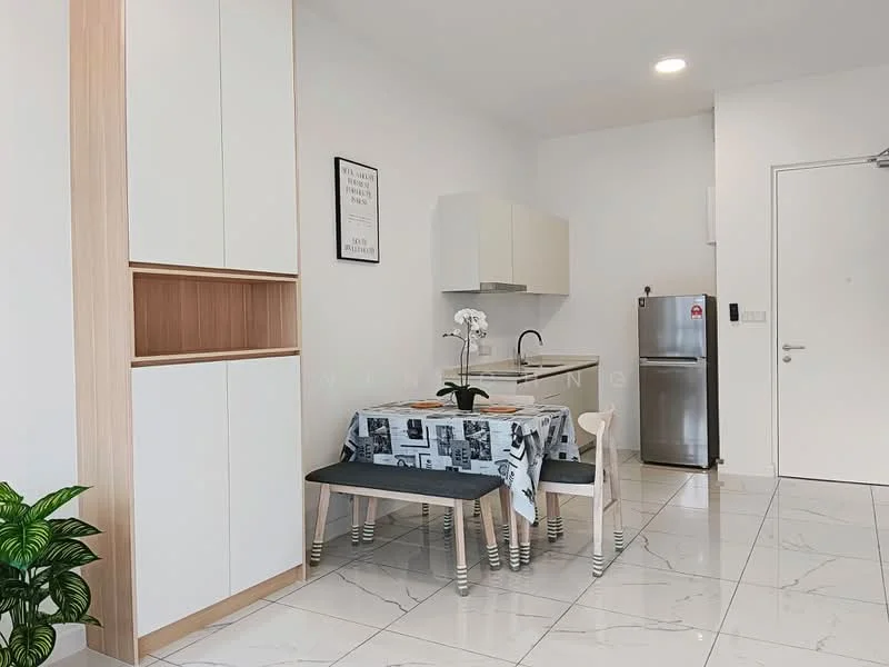 Dining features: white walls, marble tile flooring, dining table with black and white tablecloth, 4 white dining chairs, built-in cabinetry with wood finish, stainless-steel fridge, single-bowl stainless-steel sink, white cabinetry with flat-panel doors, chrome faucet, decorative plant in ceramic pot, wall-mounted artwork; style: modern. Kitchen features: white cabinetry with flat-panel doors, stainless-steel fridge, single-bowl stainless-steel sink, chrome faucet; style: modern.