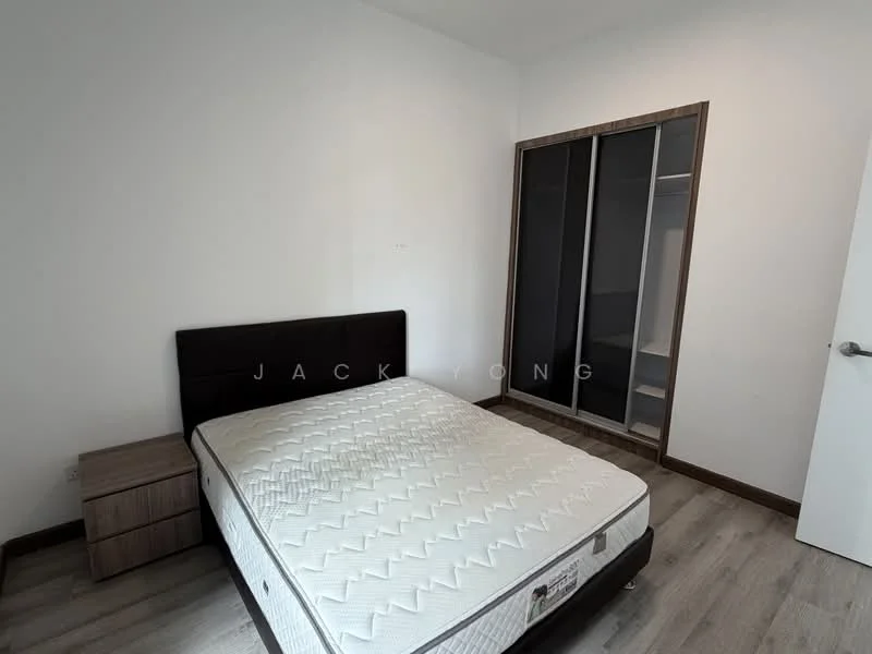 Bedroom features: queen-size bed, mattress, wooden bedside table, built-in wardrobe with sliding doors, laminate flooring, white painted walls, window with natural light, neutral decor; style: modern.