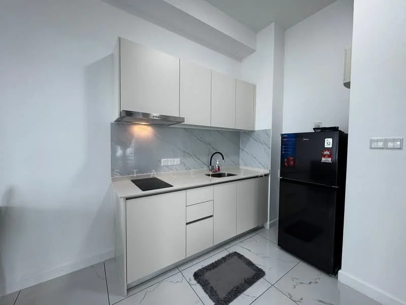 Kitchen features: light beige cabinetry, white marble backsplash, stainless-steel sink, chrome pull-down faucet, built-in oven, black fridge, grey rug, white walls, polished tile flooring, recessed downlights; style: modern.
