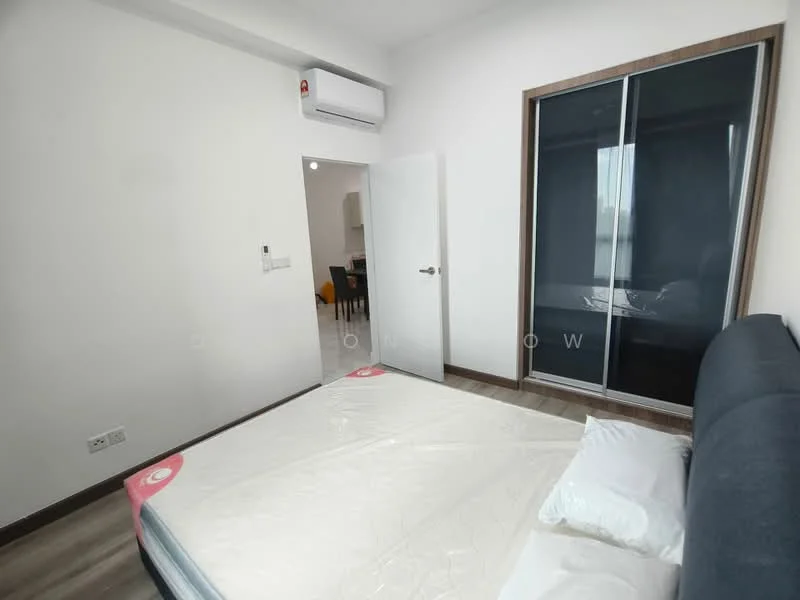 Bedroom features: queen-size bed, upholstered headboard, 2 white pillows, wooden flooring, white painted walls, sliding mirror wardrobe, wall-mounted split AC, door leading to hallway; style: modern.