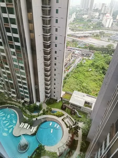 Exterior type: high-rise condominium; features: infinity pool, pool deck with loungers, landscaped garden, surrounded by greenery, city skyline view, multiple storeys, balconies on upper floors, parking area visible, water feature, modern architectural design; style: modern.