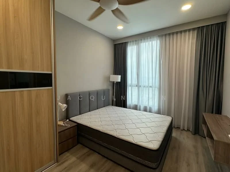 Bedroom features: queen-size bed, upholstered headboard, wooden bedside table, built-in wardrobe with wood finish, wall-mounted lamp, large window with sheer curtains, grey accent wall, light wood flooring, 5-blade ceiling fan with light, wooden desk; style: modern.