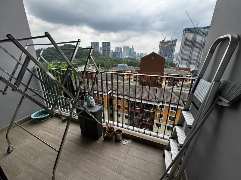 Balcony features: metal railing, floor-to-ceiling sliding door, ceramic tile flooring, clothes drying rack, foldable ladder, city skyline view, outdoor plant pots; view: city.