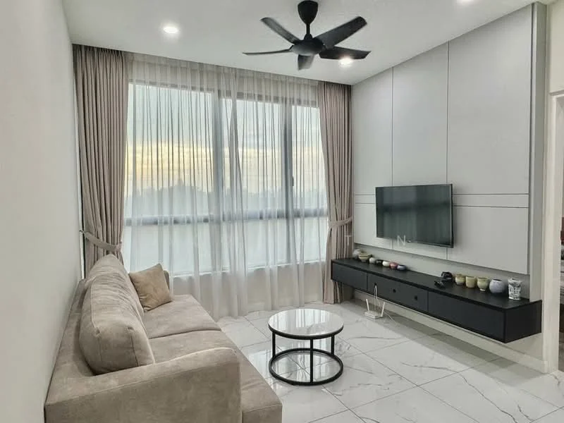 Living features: 3-seater fabric sofa in beige, round coffee table with black metal frame, wall-mounted TV, black TV console, white marble flooring, floor-to-ceiling windows, sheer curtains, recessed LED downlights, ceiling fan with light, decorative items on console; style: modern; view: city.