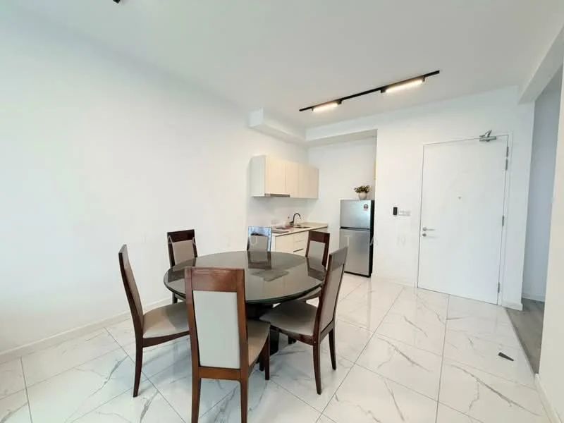 Dining features: round dining table, 6 dining chairs, white walls, marble tile flooring, recessed downlights, kitchen cabinetry, stainless-steel fridge, open layout, door to hallway; style: modern.