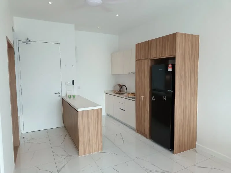 Kitchen features: white painted walls, marble tile flooring, flat-panel light wood cabinetry, kitchen island with white countertop, stainless-steel fridge, built-in oven, single-bowl stainless-steel sink, chrome pull-down faucet, recessed downlights, ceiling fan; style: modern.