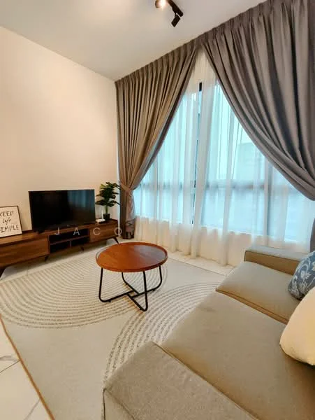 Living features: 3-seater fabric sofa in beige, coffee table with metal legs, wall-mounted TV, TV console in wood finish, area rug with circular pattern, floor-to-ceiling windows, sheer curtains, heavy drapes in grey, decorative plant in pot, light fixture with track lighting; style: modern.