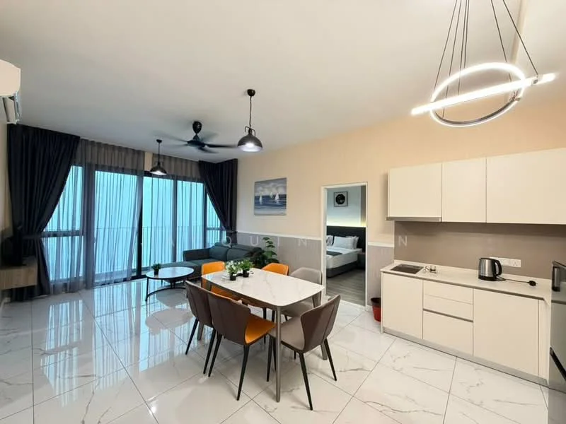 Living features: floor-to-ceiling windows, grey fabric sofa, round dining table, 4 upholstered dining chairs in grey and orange, pendant light fixture, 5-blade ceiling fan with light, white cabinets, marble tile flooring, kitchen countertop, built-in kitchen appliances, decorative wall art, curtains, open layout; style: modern; view: city.