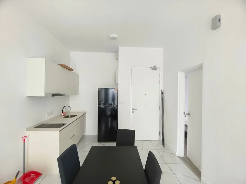 Kitchen features: white cabinetry, black fridge, single-bowl stainless-steel sink, chrome pull-down faucet, white countertop, tile flooring, wall-mounted cabinets, dining table with black chairs, door leading to another room, door leading to entrance; style: modern.