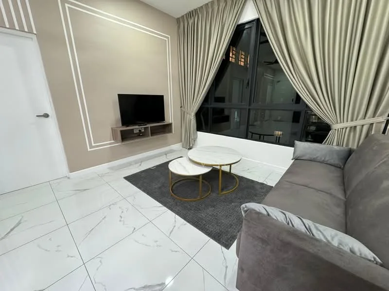 Living features: grey fabric sofa, marble coffee table with gold legs, area rug in dark grey, wall-mounted TV, TV console in wood, floor-to-ceiling windows, sheer curtains, painted accent wall in beige, white tiled flooring with marble pattern, recessed lighting; style: modern.