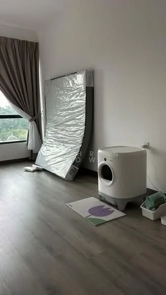 Room features: large window with view, curtains, laminate flooring, mattress leaning against wall, white washing machine, small mat on floor, storage box, minimalist decor; style: modern; view: garden.