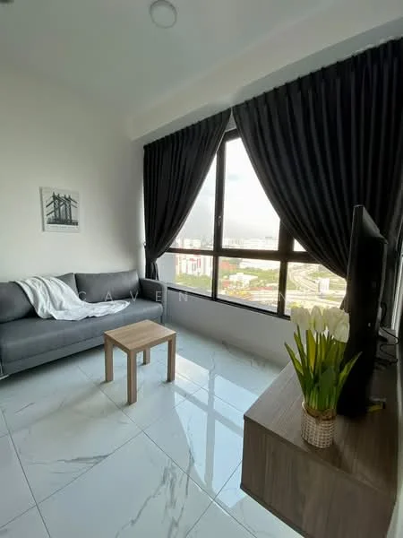 Living features: grey fabric sofa, wooden coffee table, floor-to-ceiling windows, blackout curtains, marble tile flooring, wall-mounted TV, framed artwork, decorative vase with tulips; style: modern; view: city.