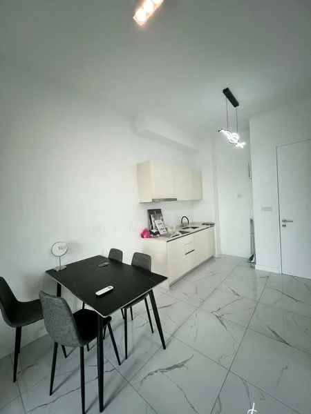 Kitchen features: white cabinets, black dining table, 4 dining chairs, stainless-steel sink, chrome pull-down faucet, built-in oven, ceramic tile flooring, recessed downlights, pendant light, white walls, countertop with backsplash; style: modern.