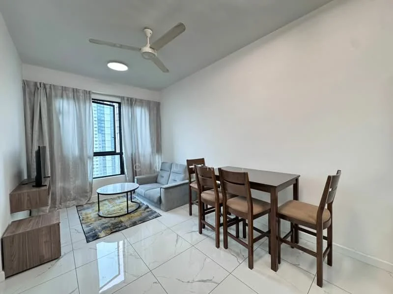 Living features: grey fabric sofa, round coffee table, 4-seater dining table, wooden dining chairs, TV console, wall-mounted TV, area rug with abstract pattern, floor-to-ceiling windows, sheer curtains, white painted walls, glossy tile flooring, ceiling fan with light, recessed ceiling light; style: modern; view: city.