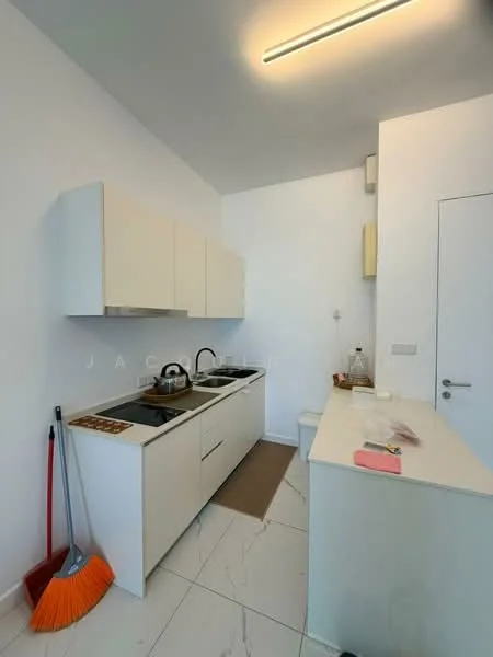 Kitchen features: white cabinetry, double-bowl stainless-steel sink, chrome pull-down faucet, black countertop, built-in stove with two burners, white walls, marble tile flooring, recessed lighting, kitchen island, broom, white door, wall-mounted storage; style: modern.