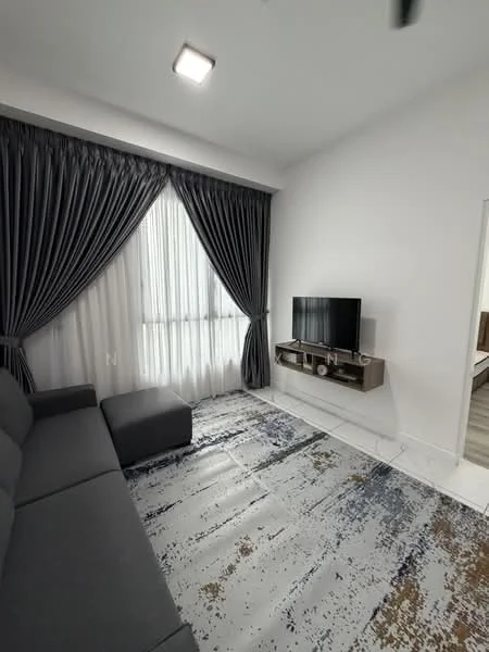 Living features: grey fabric sofa, ottoman, wall-mounted TV, TV console, area rug with abstract pattern, floor-to-ceiling windows, sheer curtains, blackout curtains, white painted walls, recessed ceiling lights; style: modern.