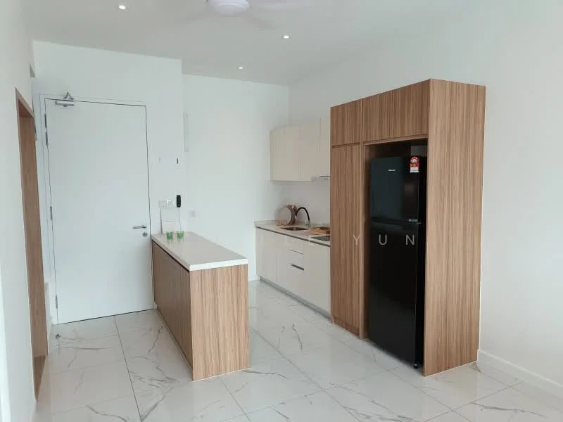 Kitchen features: white painted walls, marble tile flooring, flat-panel light wood cabinetry, stainless-steel sink, chrome pull-down faucet, countertop with breakfast bar, built-in oven, black fridge, kitchen island, recessed downlights, ceiling fan; style: modern.