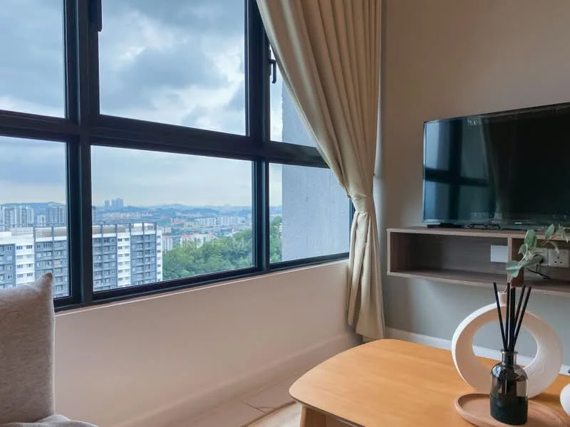 Living features: floor-to-ceiling windows, curtains, wall-mounted TV, wooden TV console, coffee table, decorative vase, city skyline view, light-colored walls, neutral-colored sofa; style: modern; view: city.