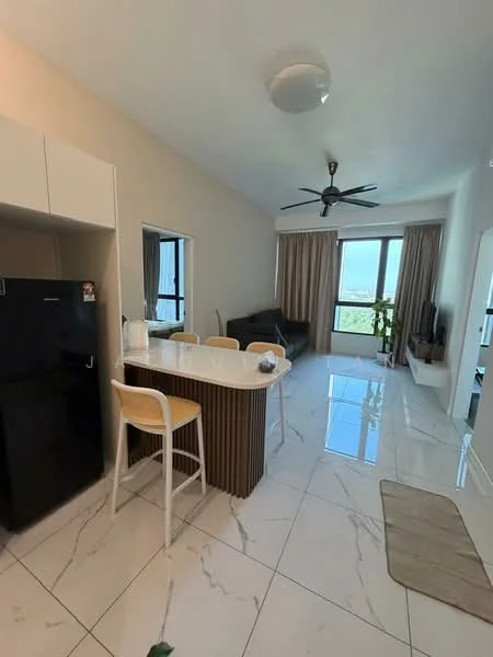 Kitchen features: white cabinetry, marble countertop, stainless-steel fridge, bar seating with white stools; style: modern. Living features: 3-seater fabric sofa in dark grey, ceiling fan, large window with city view, curtains, TV console, decorative plant, area rug, wall-mounted TV; style: modern; view: city.