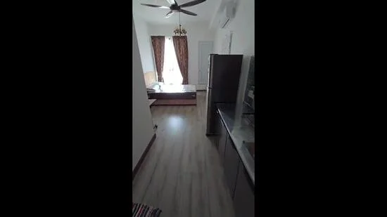 Room features: laminate flooring, white painted walls, 5-blade ceiling fan, recessed downlights, curtains, framed mirror, kitchen cabinetry, stainless-steel fridge; style: modern.