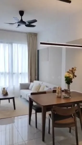 Living features: 5-blade ceiling fan with light, floor-to-ceiling windows, sheer curtains, light-coloured walls, white tiled flooring, 3-seater fabric sofa in light grey, wooden dining table, 4 wooden dining chairs, decorative vase on table, area rug, wall-mounted light fixture; style: modern.