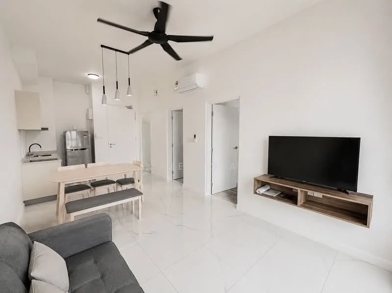 Living features: grey fabric sofa, 5-blade ceiling fan with light, wall-mounted TV, TV console, dining table with bench seating, refrigerator, kitchen cabinetry, white painted walls, marble tile flooring, air conditioning unit; style: modern.