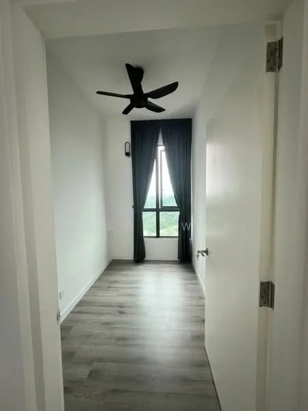 Room features: light wood flooring, white painted walls, 5-blade ceiling fan, floor-to-ceiling window, blackout curtains, window with garden view; style: modern; view: garden.