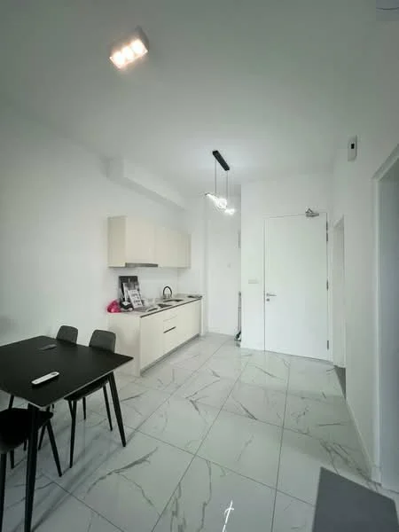 Kitchen features: white cabinetry, marble tile flooring, single-bowl stainless-steel sink, chrome pull-down faucet, built-in oven, freestanding range oven, refrigerator, pendant light, dining table with four chairs, white walls, door to hallway; style: modern.