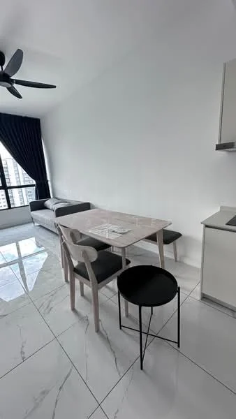 Living features: white painted walls, marble tile flooring, 5-blade ceiling fan, floor-to-ceiling windows, blackout curtains, dining table with 4 chairs, single bed, kitchenette with countertop; style: modern; view: city.