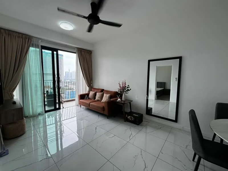 Living features: 3-seater fabric sofa in brown, floor-to-ceiling windows, sliding glass door, curtains in light beige, marble tile flooring, ceiling fan, decorative mirror, coffee table, area rug, wall-mounted TV, potted plant; style: modern; view: city.