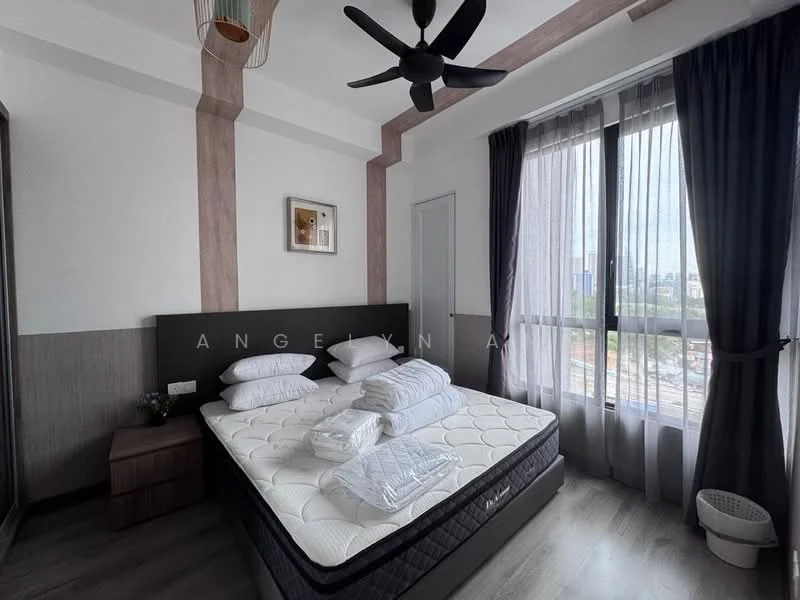 Bedroom features: queen-size bed, upholstered headboard, white bedding, 2 white towels, nightstand, floor-to-ceiling windows, blackout curtains, wooden flooring, ceiling fan with light, decorative wall paneling, city view; style: modern; view: city.